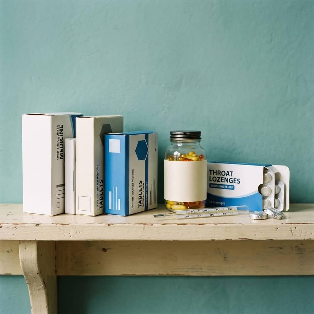 Unbranded over-the-counter health products arranged on a shelf