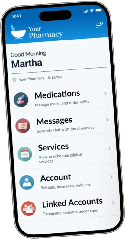 Patient portal home screen listing Medications, Messages, Services, Account and Linked Accounts