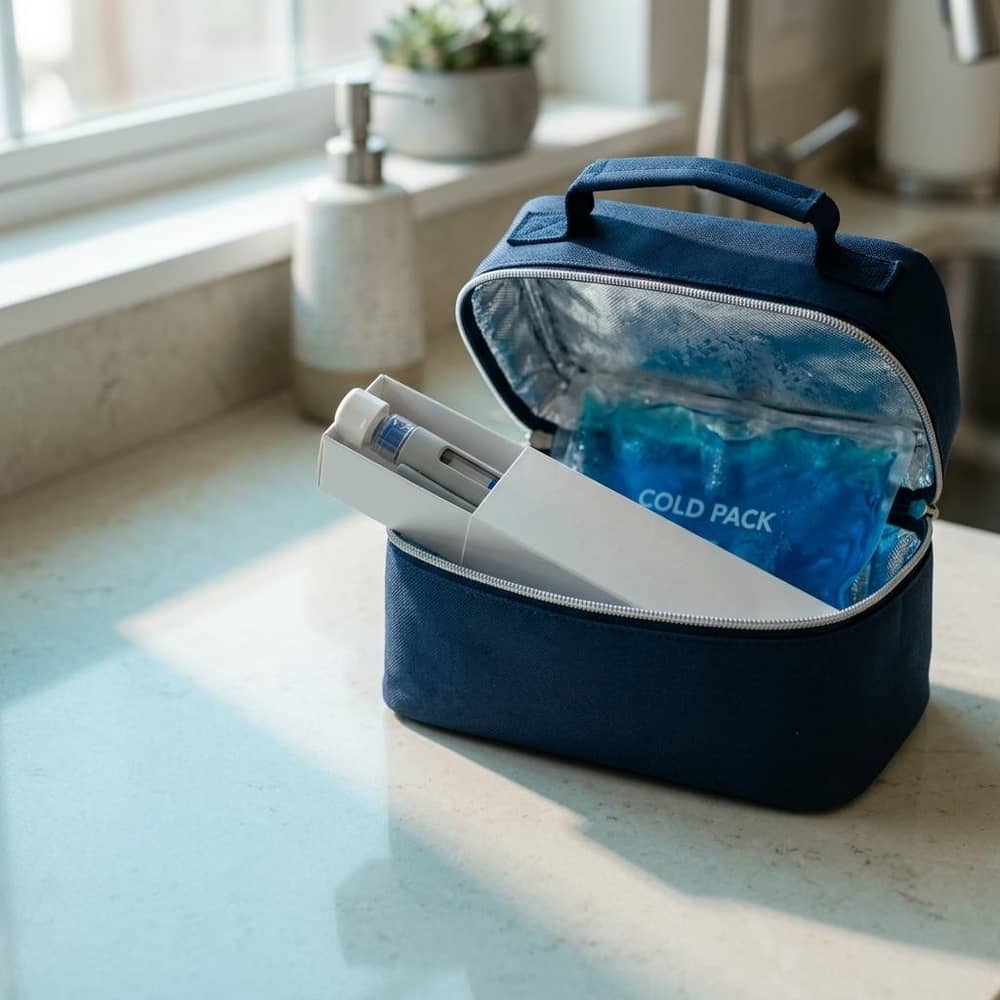 Insulated cooler bag with a cold pack and boxed injector pen