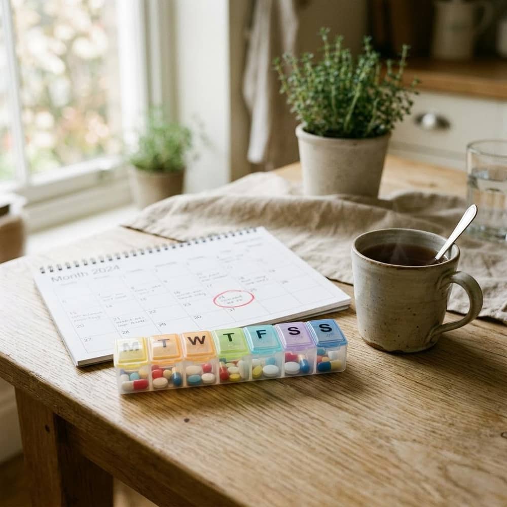 Weekly pill organizer beside a calendar with one day circled